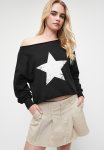 Off The Shoulder Printed Sweatshirt - Black
