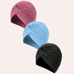 3PCS Pleated Turban Cap Solid Color Head Wraps Casual Bonnet Women Ramadan Hijab Head Scarf Chemo Hats