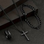 3PCS Stainless Steel Cross Pendant Necklace Jewelry + Ring + Bracelet Men's Fashion Jewelry Set