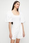 Square Neck Combo Puff Sleeve Bodysuit - White