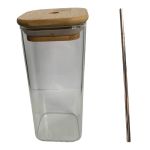 Water Bottle 380ML Glass With Bamboo Lid & Straw Square
