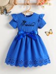 Girls' Princess Pattern Print Crew Neck Short Sleeve Ruffle Trim Dress With Bow Tie For Summer