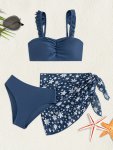 Teen Girls Ruched Trim Decor Bikini Set + Wrap Skirt 3-PIECE Swimsuit Holiday Beach Vacation Swimwear