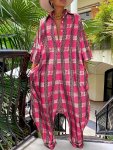 Plus Size Plaid Print Button Front Baggy Jumpsuit Casual Long Sleeve Collared Pocket Jumpsuit Women's Plus Size Clothing