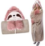 Animal Fluffy Fleece Unisex Hooded Blankets - Pink And Beige Sloth