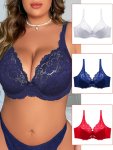 3PCS Women's Plus Sexy Bra Plus Size Floral Lace Ultra-thin Push Up Underwire Bra