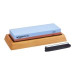 Amazon Basics Whetstone Knife Sharpening Wet Stone Dual Sided 1000 6000 Grit With Non-slip 1 PC Bamboo Base Black & Grey