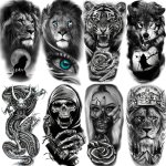 8 Sheets 3D Tribal Black Wolf Lion Tiger Temporary Tattoos For Men Adults Half Arm Sleeve Tattoos For Women Halloween Skull Skel