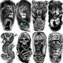 8 Sheets 3D Tribal Black Wolf Lion Tiger Temporary Tattoos For Men Adults Half Arm Sleeve Tattoos For Women Halloween Skull Skeleton Tattoo Stickers