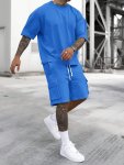 Men's Outfit Solid Casual Loose Crew Neck Short Sleeve T-Shirt & Drawstring Shorts With Multi Pockets 2-PIECE Set For Summer Out