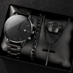 4PCS SET Men's Simple Pointer Round Black Calendar Quartz Watch And Black Cross Pendant Necklace Ring Bracelet Set Gift For Him