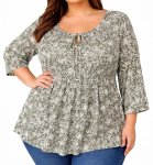 Ladies Printed Pleated Peasant Top - 60 Olve wht