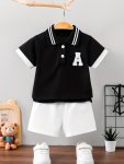 2PCS Letter A Patchwork Casual Outfit For Infant & Toddler Turndown Collar Golf Shirt & Shorts Baby Boy's Clothes