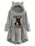 CAT & Slogan Print Teddy Hoodie Casual Long Sleeve Button Decor Hoodie Sweatshirt Women's Clothing