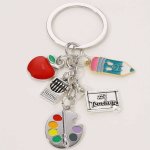 Alloy Teacher Appreciation Keychain Gift With Charms - Pencil Red Apple Paint Palette Crayons 1 Teacher - 5-LINK Chain For Gradu