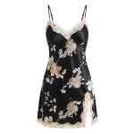 Women's Floral Satin Lace Trim Nightdress - Black