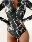 Long Sleeve Marble One Piece - Black - Large