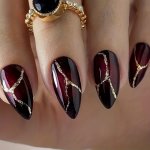 24PCS Halloween Dark Red Press On Nails Medium Length Almond Shape Fake Nails With Golden Glitter Design Glossy Full Cover Stone