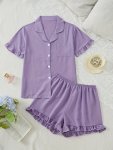 Women's Elegant 2-PIECE Pajama Set With Stretch Short Sleeve Button-down Shirt & Ruffle Hem Shorts Comfortable Homewear Outfit