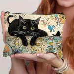 Chic Cat Pattern Canvas Makeup Bag - Versatile Storage Pouch For Cosmetics Toiletries & Stationery - Ideal Teacher's Gift