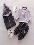 3PCS Boys Adorable Furry Face Bear Pattern Long Sleeve Pullover & Hooded Zip Up Sleeveless Coat & Pants Set Winter fall