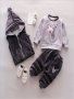 3pcs Boys Adorable Furry Face Bear Pattern Long Sleeve Pullover & Hooded Zip Up Sleeveless Coat & Pants Set Winter/fall