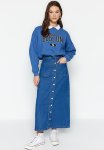 Double Pocket High Waist Denim Jeans Skirt - Dark Indigo