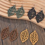 4 Pairs Of Drop Earrings Wooden Pendant Hollow Leaf Design Match Daily Outfits Party Accessories Casual Dating Decor For Female