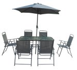 8 Piece Outdoor Dining Round Glass Patio Table Chair Umbrella Set Black