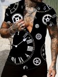 Retro Clocks Random Print Men's All-match Short Sleeve Lapel Shirt Summer Holiday Top