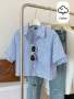 Flirla Stripe Print Cropped Women Fashion Loose Casual Roll-up Sleeve Short Sleeve Shirt