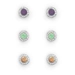 3 Pack Silver Stud Earrings With Colour Crystals
