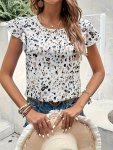 Allover Print Ruffle Trim Blouse Casual Crew Neck Blouse For Spring & Summer Women's Clothing