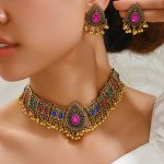 1SET Bollywood Style Sparkling Rhinestone Peacock-shaped Water Drop Ball Choker Collar And Earringsexaggerated Statement Style L