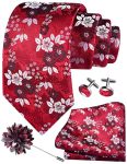 Gusleson Red White Tie For Wedding Mens Floral Necktie Pocket Square Cufflinks And Lapel Pin Brooch Set 6107-06