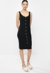 Button Through Vest Midi Dress - Black