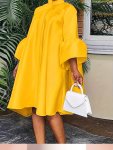 Flared 3 4 Sleeve Solid Dress Casual Mock Neck Loose Midi Dress Women's Clothing
