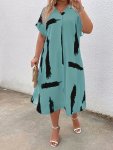 Plus Size Brush Print V Neck Loose Dress Elegant Short Sleeve Dress For Spring & Summer Women's Plus Size Clothing