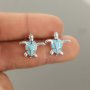 Cute Exquisite Sea Turtle Design With Opal Decor Stud Earrings Vocation Ocean Style Copper Jewelry Adorable Female Gift