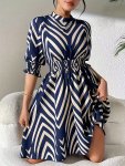 Striped Cinched Waist Dress Elegant Mock Neck Half Sleeve Dress For Spring & Summer Women's Clothing