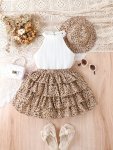 Cute Leopard 3PCS Girl's Outfit Sleeveless Halter Top + Leopard Tiered Skirt + Matching Hat Set Casual Cute Girls Summer Clothes