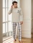 2 Pcs Men's Simple Plaid Pocket Round Neck Long Sleeve & Plaid Trousers Pajama Set Comfortable & Skin-friendly Style Pajamas For Men's Cozy Loungewear