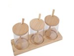 3 Pack Glass Spice Cannisters With Bamboo Lids Spoons And Tray