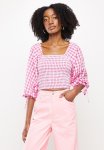 Shirring Bodice Top With Tie Detail Top - Pink & White