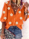 Floral Print Button Front Shirt Casual 3 4 Lantern Sleeve Blouse For Spring & Fall Women's Clothing