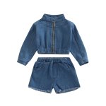 Denim Zip Crop Jacket With Matching Shorts