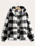 Plaid Pattern Full Zipped Fuzzy Coat Casual Long Sleeve Hooded Warm Outerwear For Fall & Winter Women's Clothing