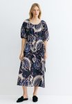 Drawstring-waist Cotton Dress - Navy Blue Patterned