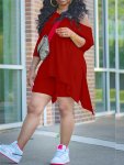 Plus Size Solid Color Biker Shorts Set Slant Shoulder Asymmetrical Hem Long Sleeve T-Shirt & Biker Shorts Outfits Women's Plus S