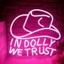 In Dolly We Trust Neon Sign Pink Cowgirl Hat LED Signs Country Retro Style Western Wall Art Neon Sign USB Powered For Teen Bedroom